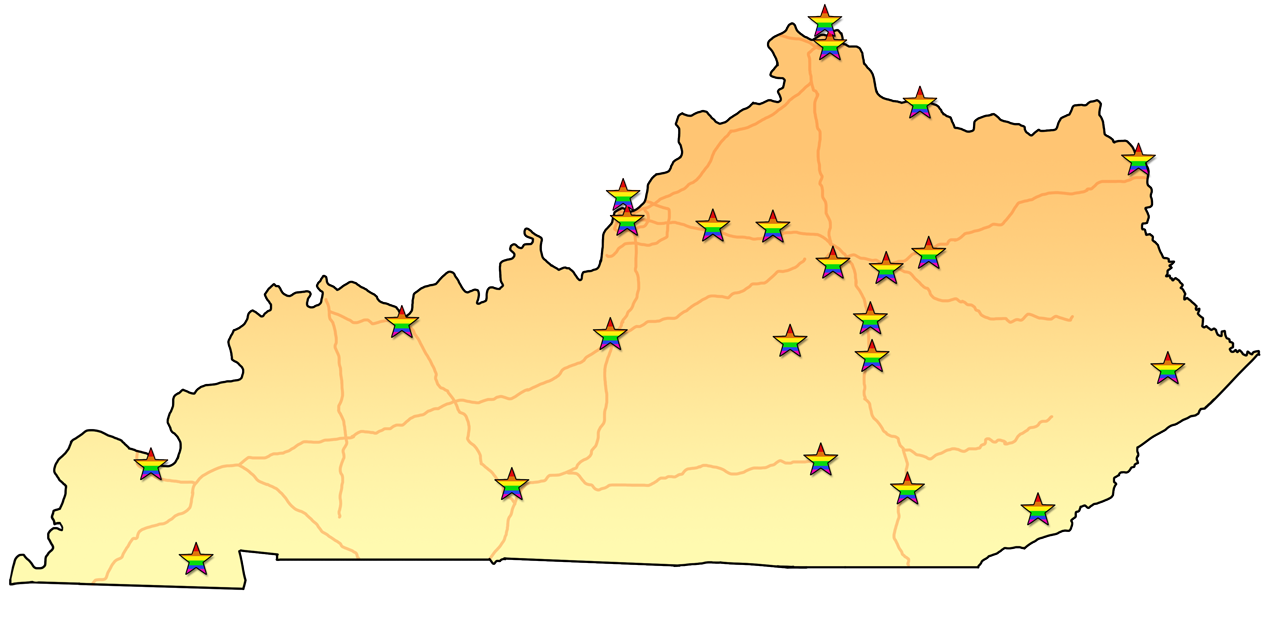 Map of Kentucky showing 2023's pride events.